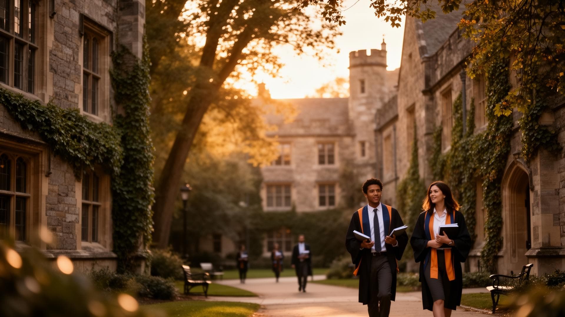 Graduate students walking through a historic university campus at golden hour