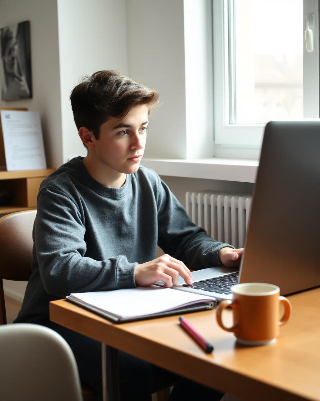 Student writing in a research notebook beside a laptop