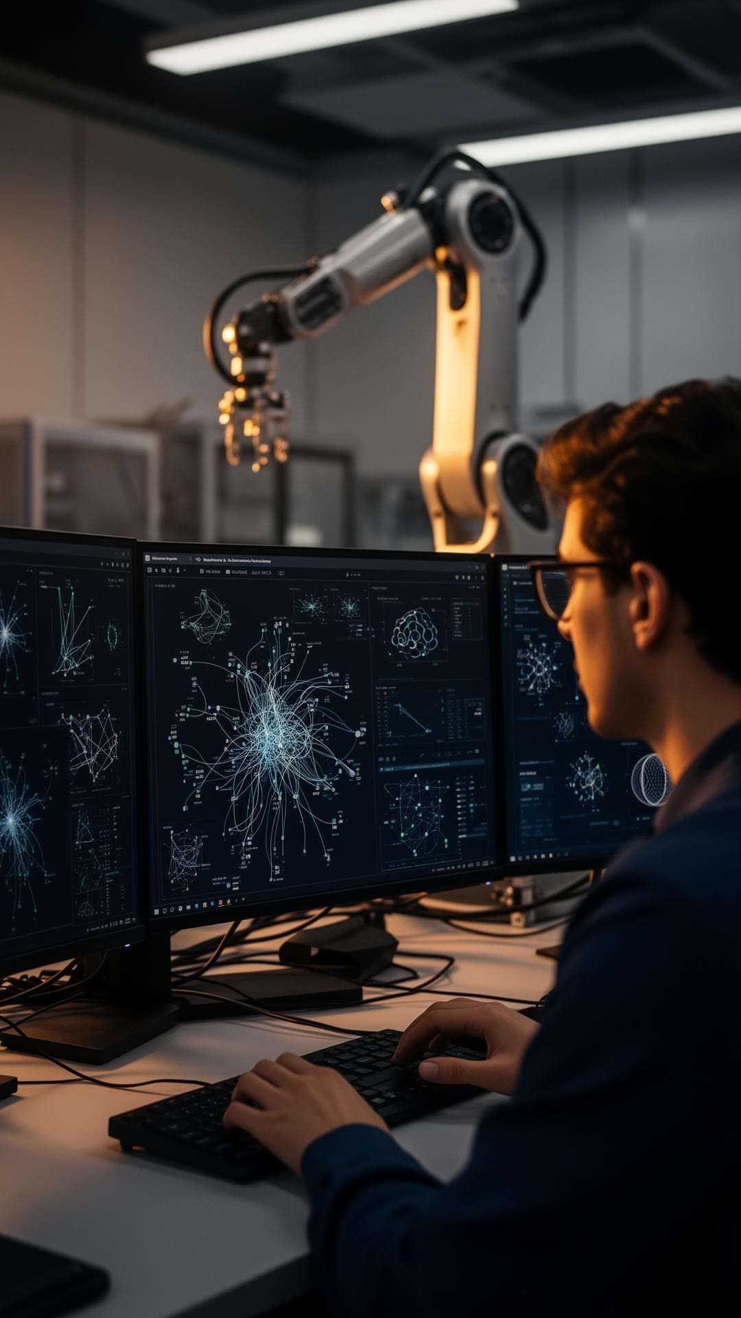 AI researcher working with robotics arm and neural network visualizations in a modern lab