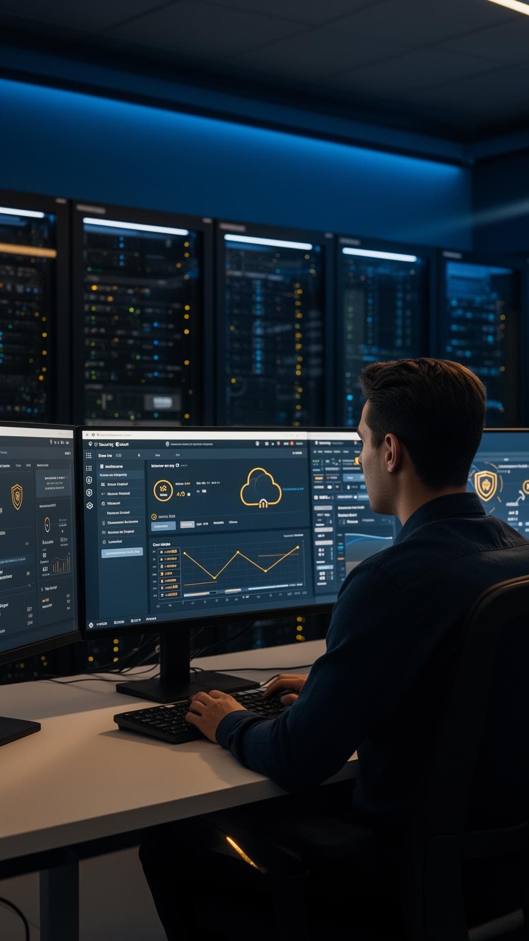Cybersecurity engineer monitoring secure cloud infrastructure dashboards in a modern SOC