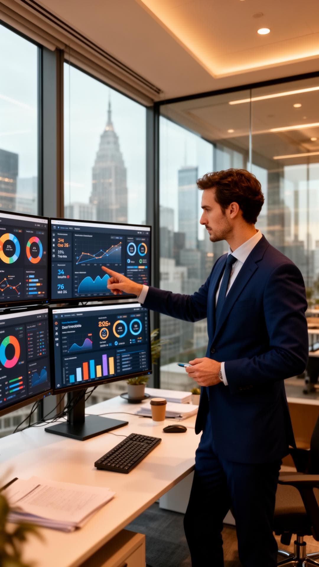 Data scientist analyzing dashboards on multiple monitors in a premium corporate office