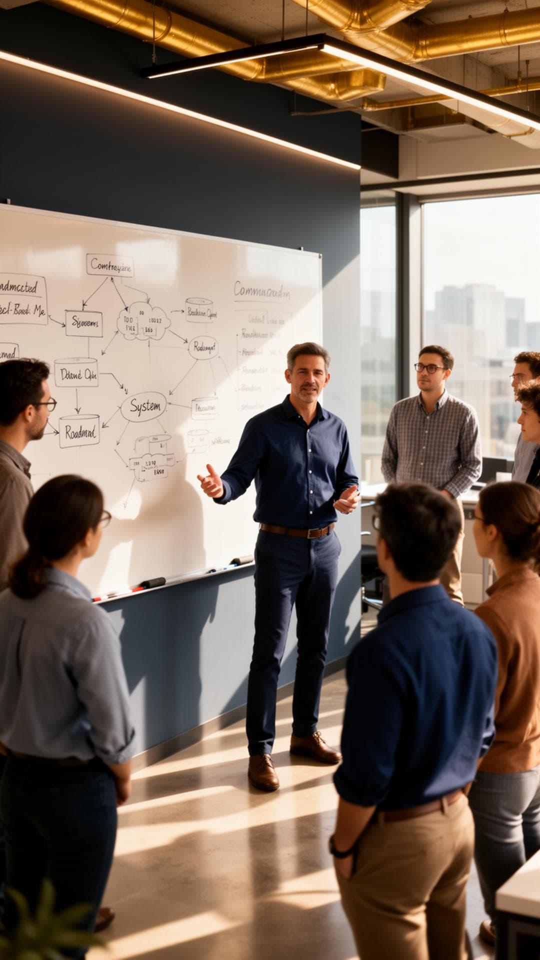 Engineering manager leading a team standup with system diagrams on a whiteboard