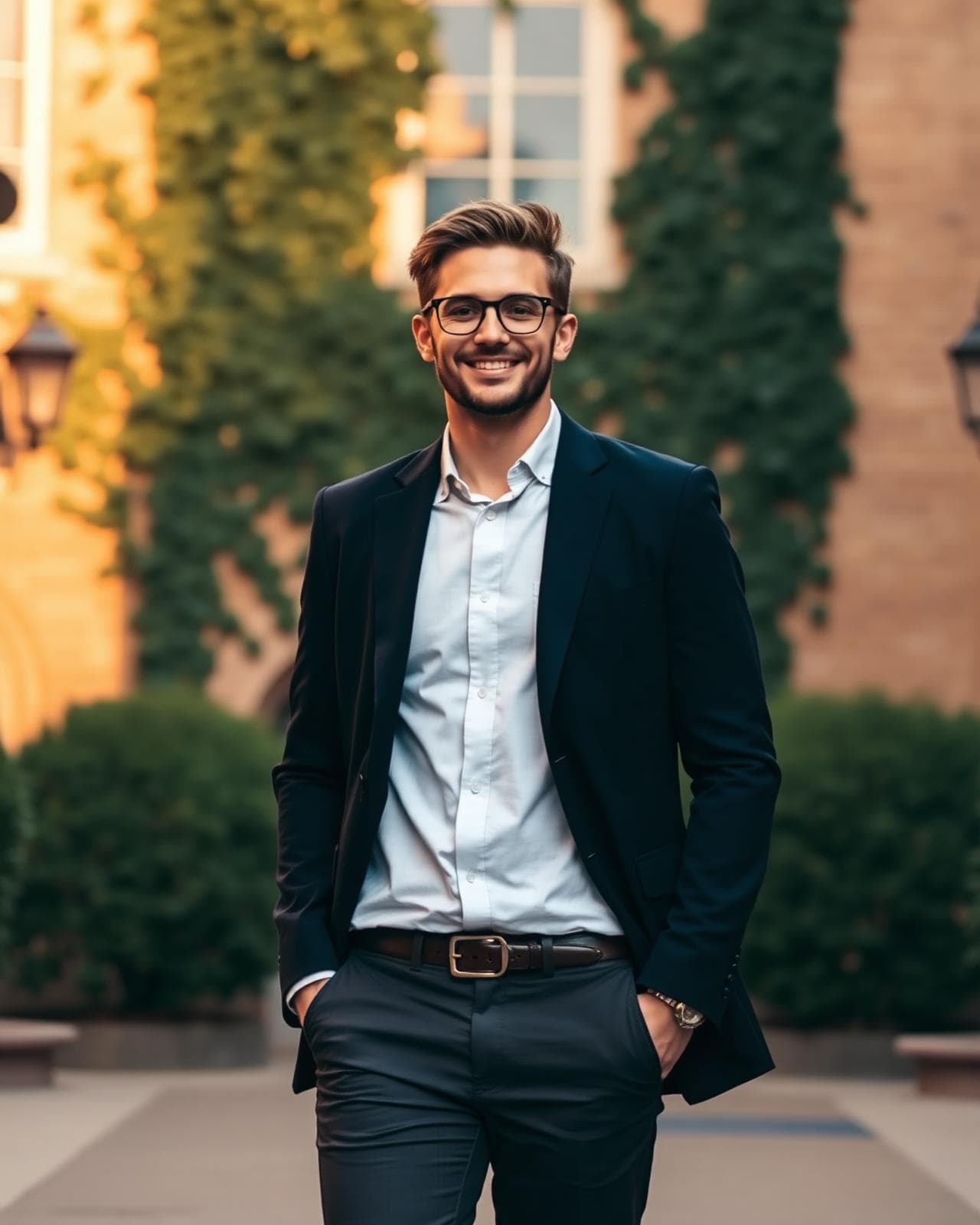 Confident MBA student at a historic business school campus at golden hour