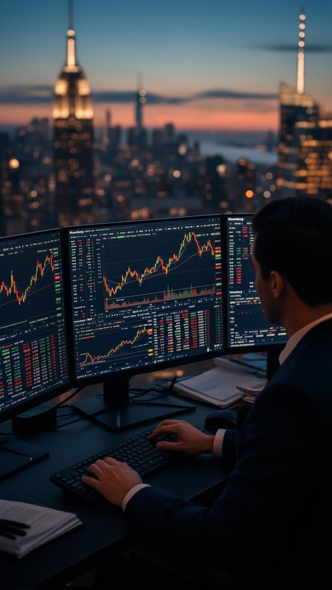 Quantitative finance professional analyzing trading models on multiple screens with city skyline